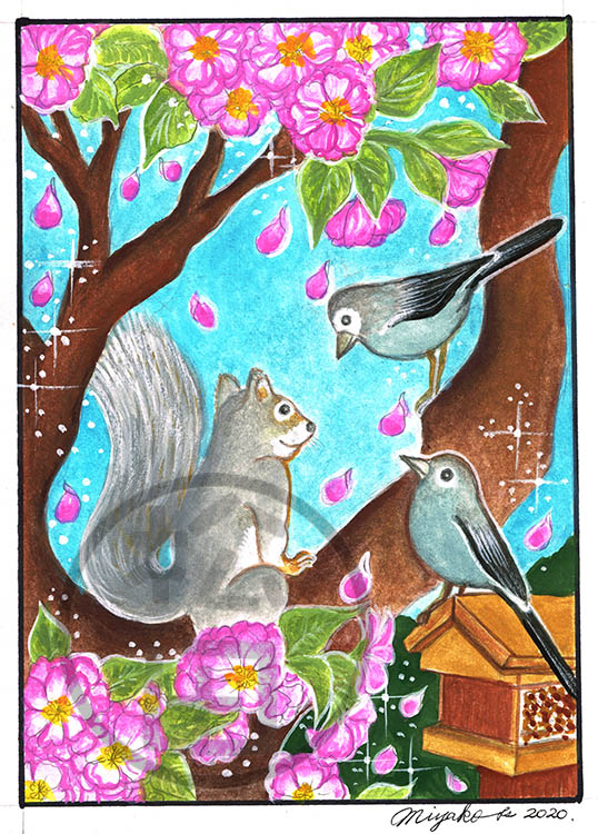 SquirrelJuncoAndCherryBlossomsLowResWM