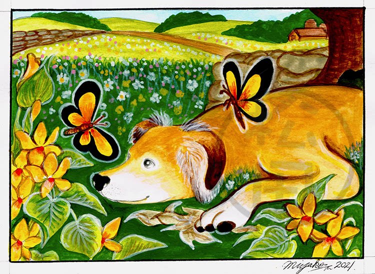 YellowDogAndButterfliesWithFlowersLowResWM