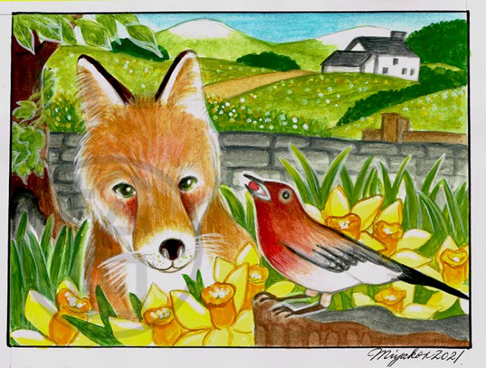 RedFoxRedBirdDafodilsLowResWM