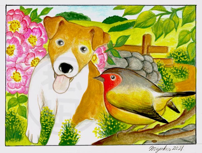 DogBirdPinkFlowersLowResWM