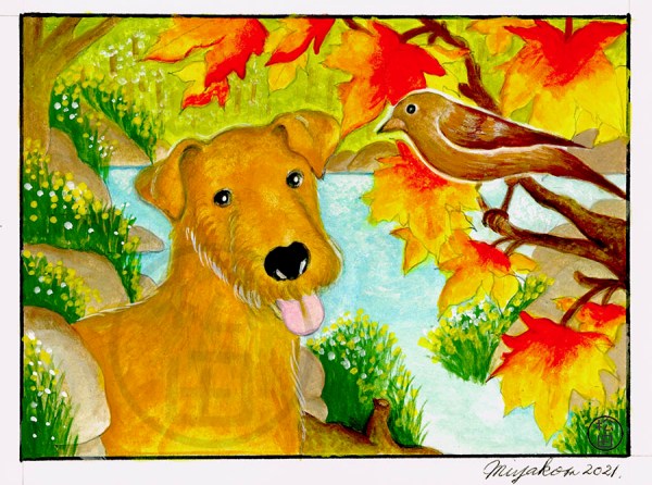 TerrierWithBrownBirdAndMapleLeavesLowResWM