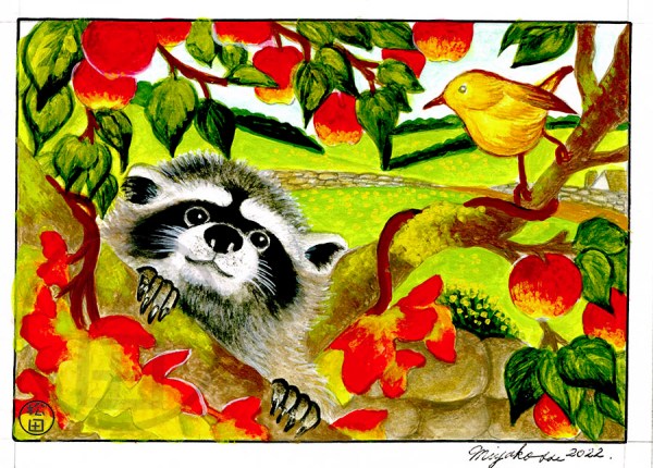RaccoonAndYellowBirdInAppleTreeLowResWM