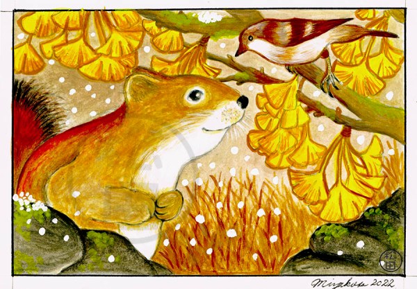 SquirrelWithHouseSparrowInGinkoTree-FirstDayOfSnowInOctoberLowResWM