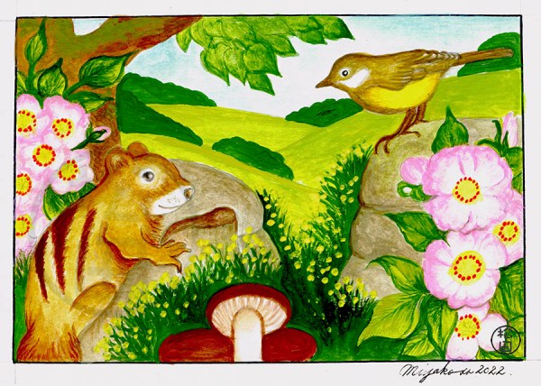 ChipmunkAndChickadeeWithRosesLowResWM